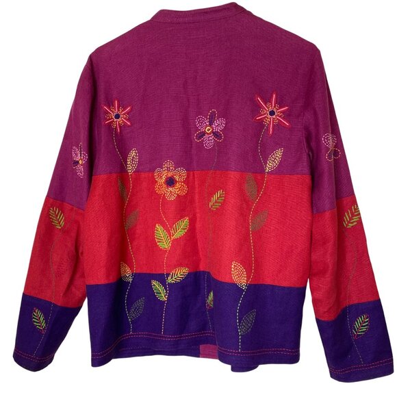 Coldwater Creek Embroidered Floral Linen-Blend Jacket M Colorblock Boho Artsy - Picture 3 of 9
